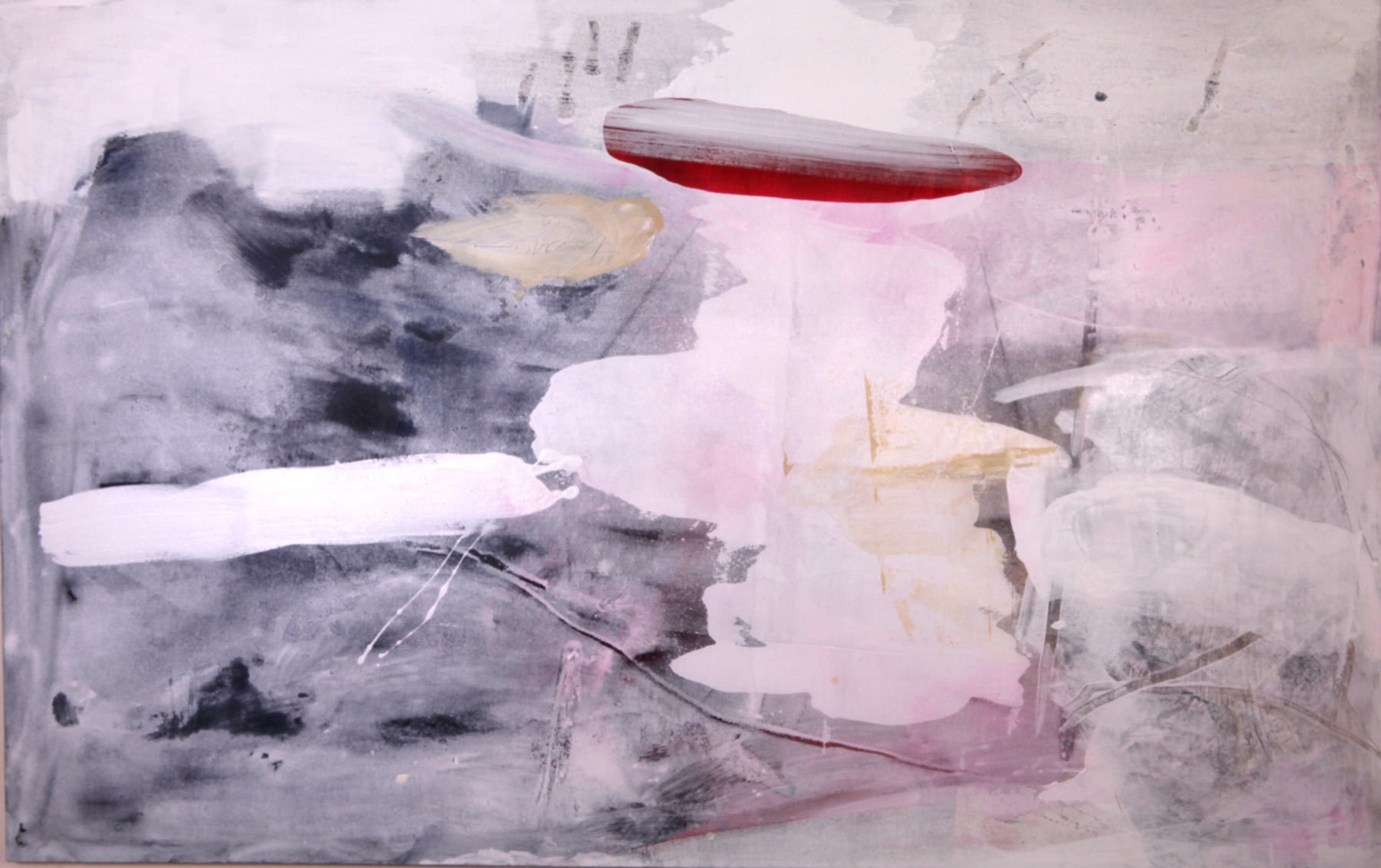 Grey and pink abstract painting with a red disc