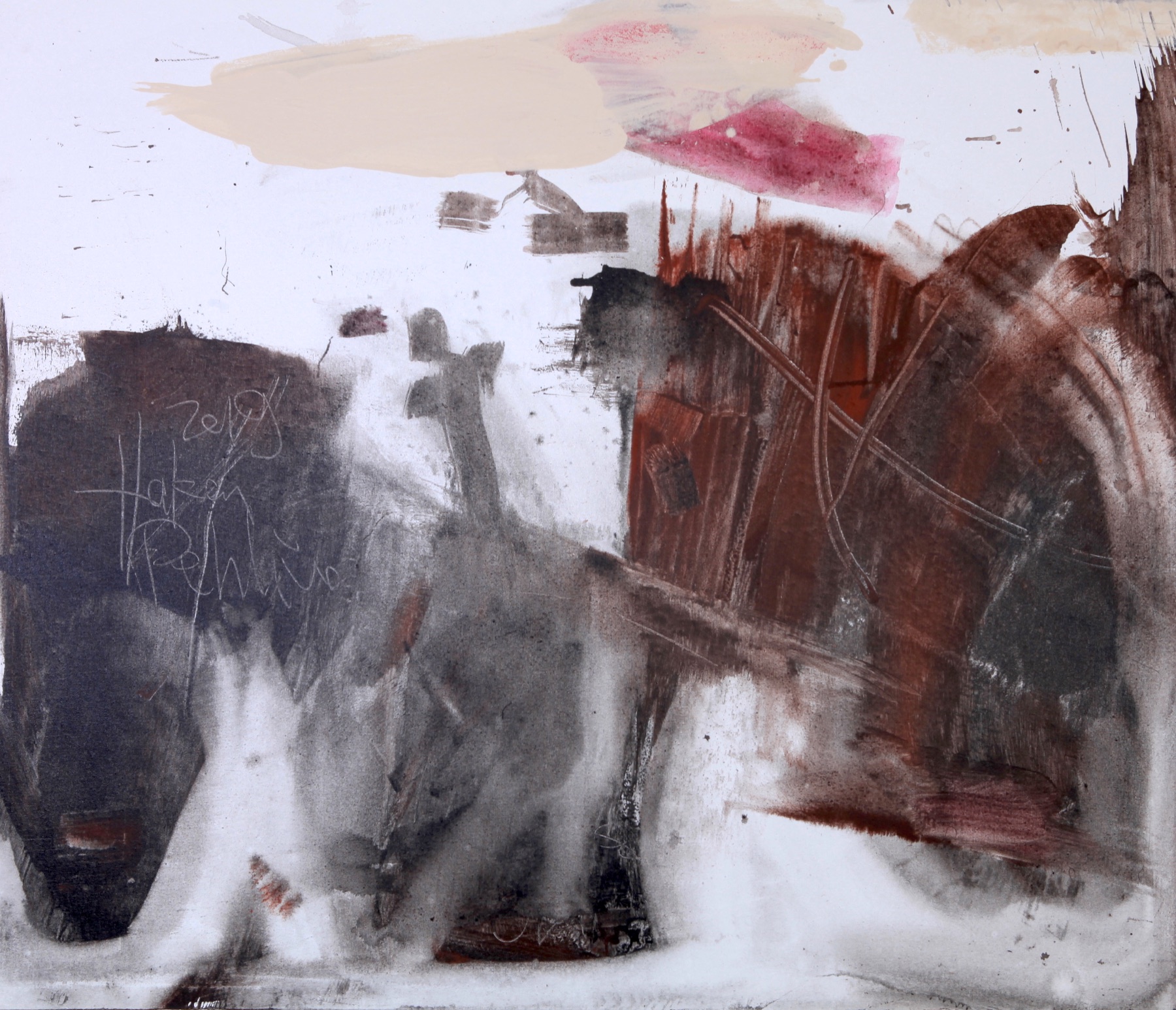 Earthy abstract painting in browns and greys